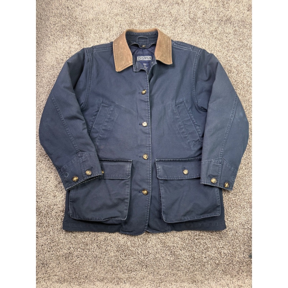 Vintage 90s Lands End Women S 6-8 Barn Coat Navy Leather Collar Quilted